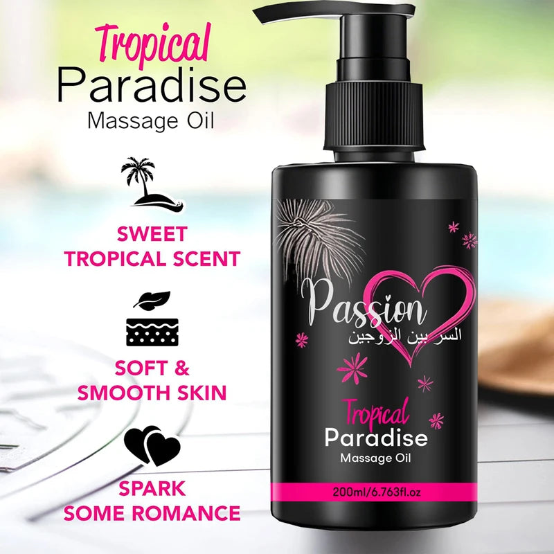 Natural Body Massage Oil for Couples - Tropical Passion Scent, 6.76 oz, Skin Moisturizer & Relaxation
