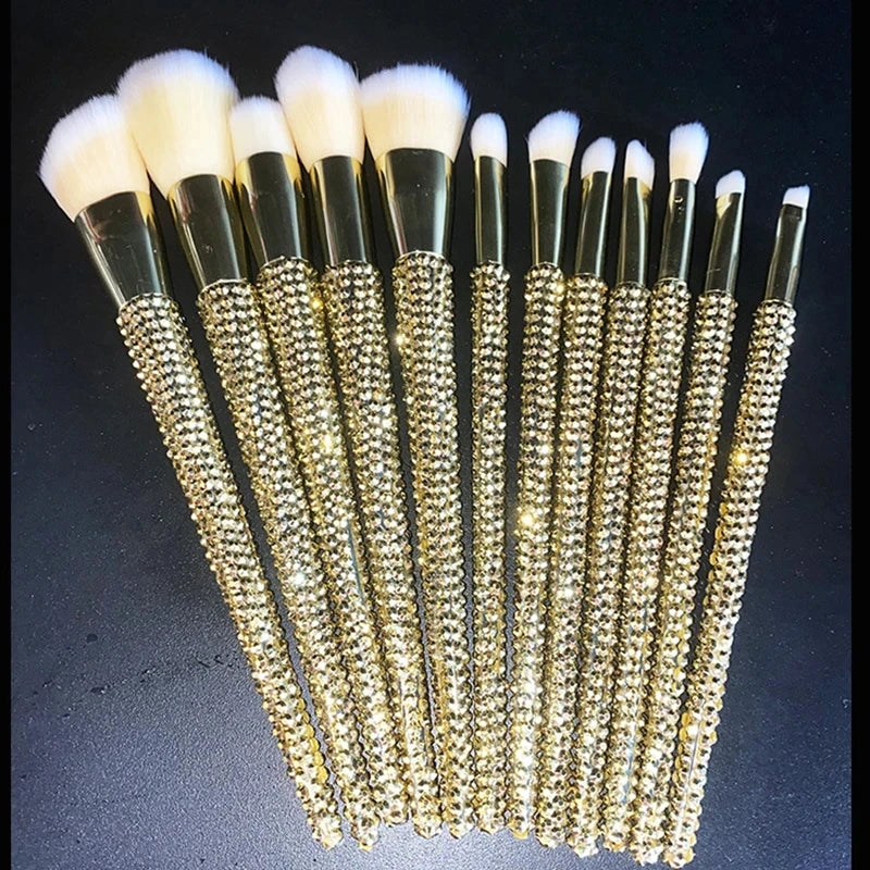 Diamond-Studded Makeup Brushes 12-Piece Set Garnished with Gems for Foundation Concealer