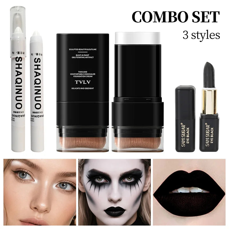 Halloween Gothic Makeup Set with White Foundation, Black Face Paint & Highlighter