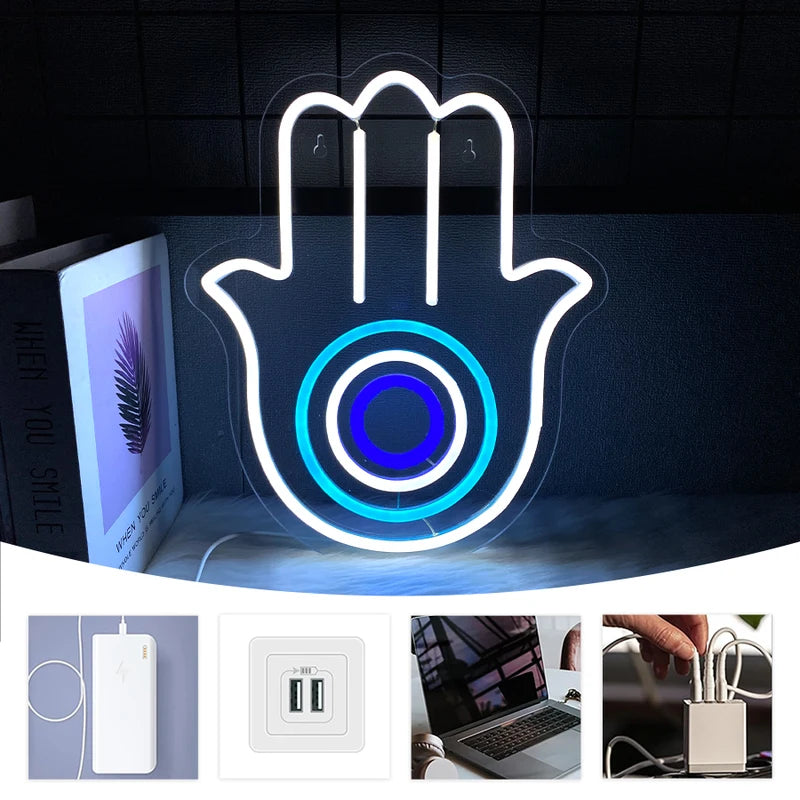 Hamsa Hand Evil Eye Neon Wall Light USB LED Sign for Bedroom Living Room Decor