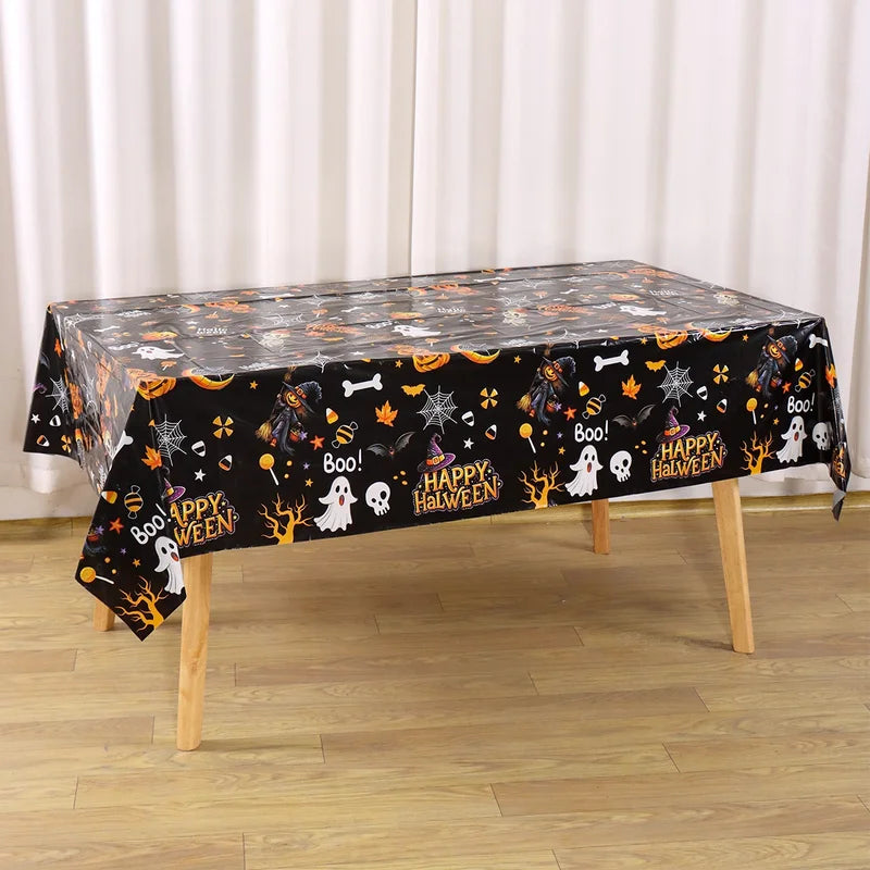 Halloween Tablecloth 130x220cm Disposable Plastic Party Covering Ghost Skeleton Witch Design Black