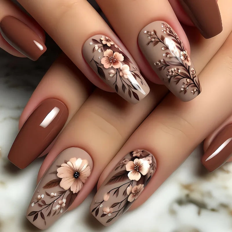 24pcs Short to Long Fake Nail Set for Spring & Summer Nail Art with Flowers & Butterfly Designs