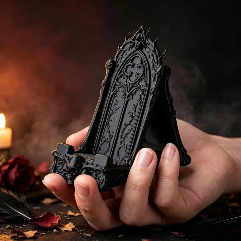 Gothic Skull Phone Stand - 3D Printed Dark Decor for Desktop & Halloween