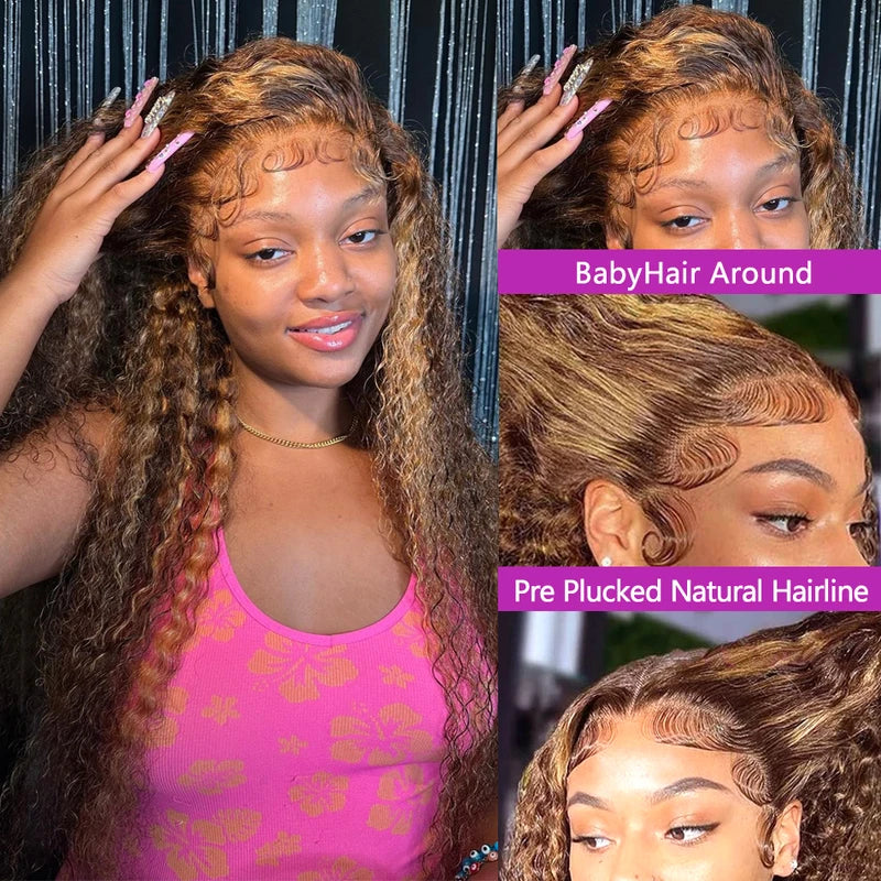 Curly Lace Front Human Hair Wigs - Highlight Honey Brown 13x6 13x4 Ombre Options