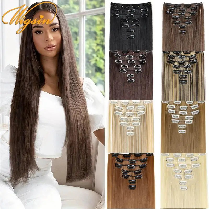 Long Straight Hair Extensions 24 Inch Synthetic Clip-In Hairpiece for Women