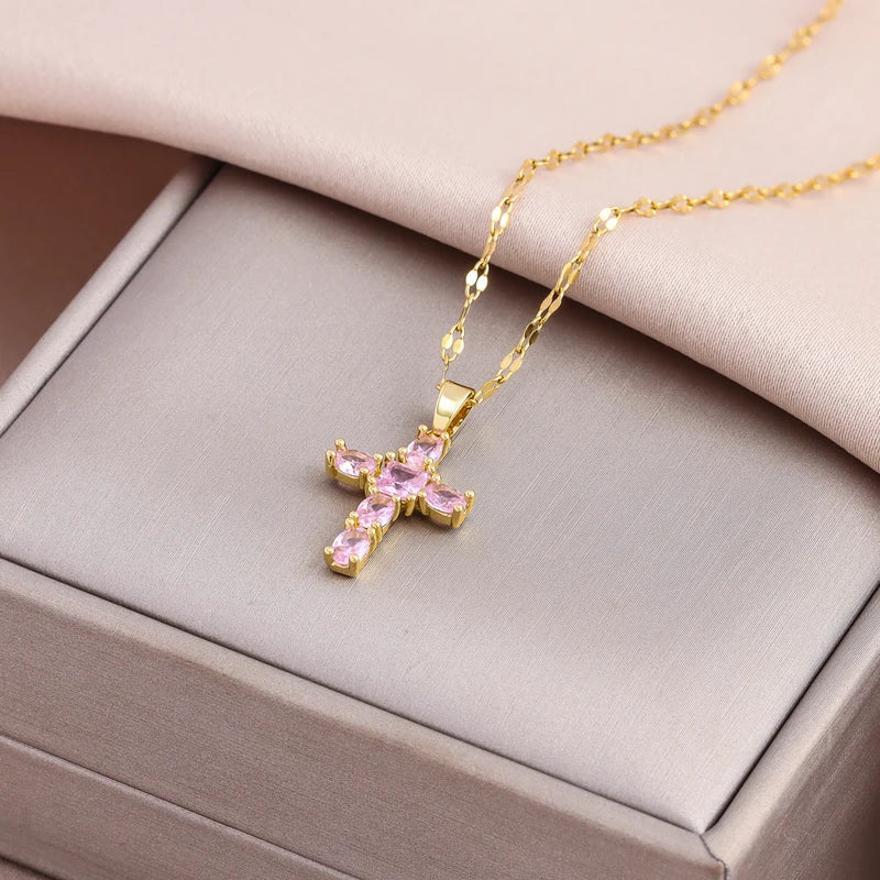 Sparkly Zircon Crystal Cross Pendant Necklace for Women Stainless Steel Chain Jewelry