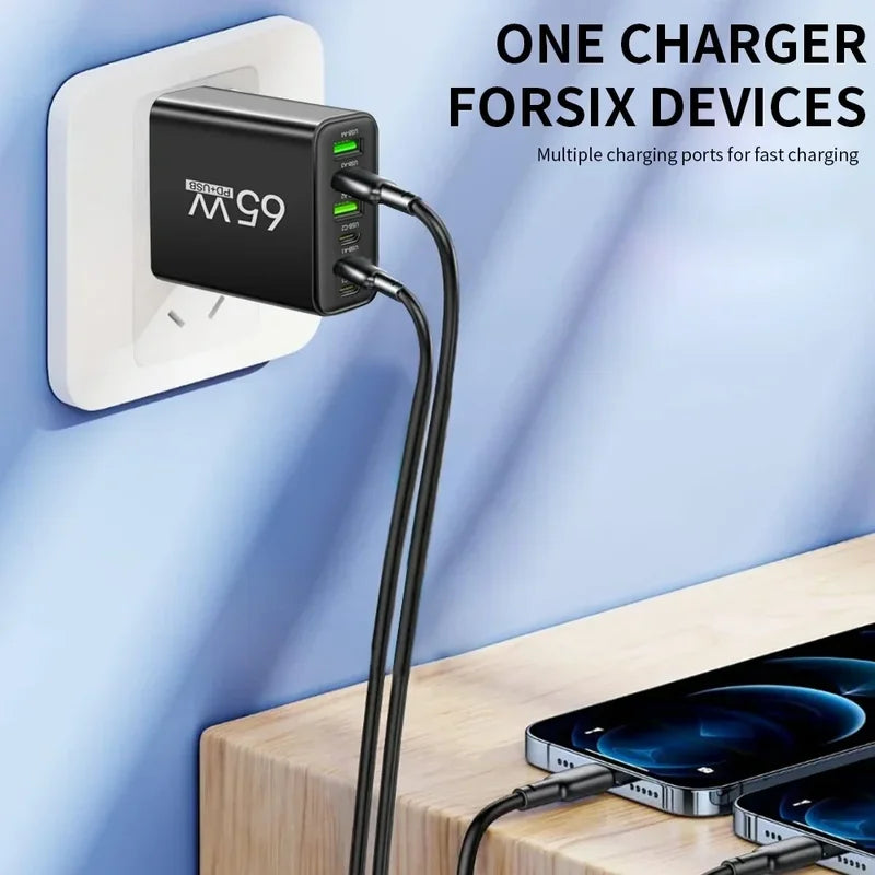 65W Multi Ports USB Charger with Fast Charging Type C Phone Adapter - EU/US Wall Plug
