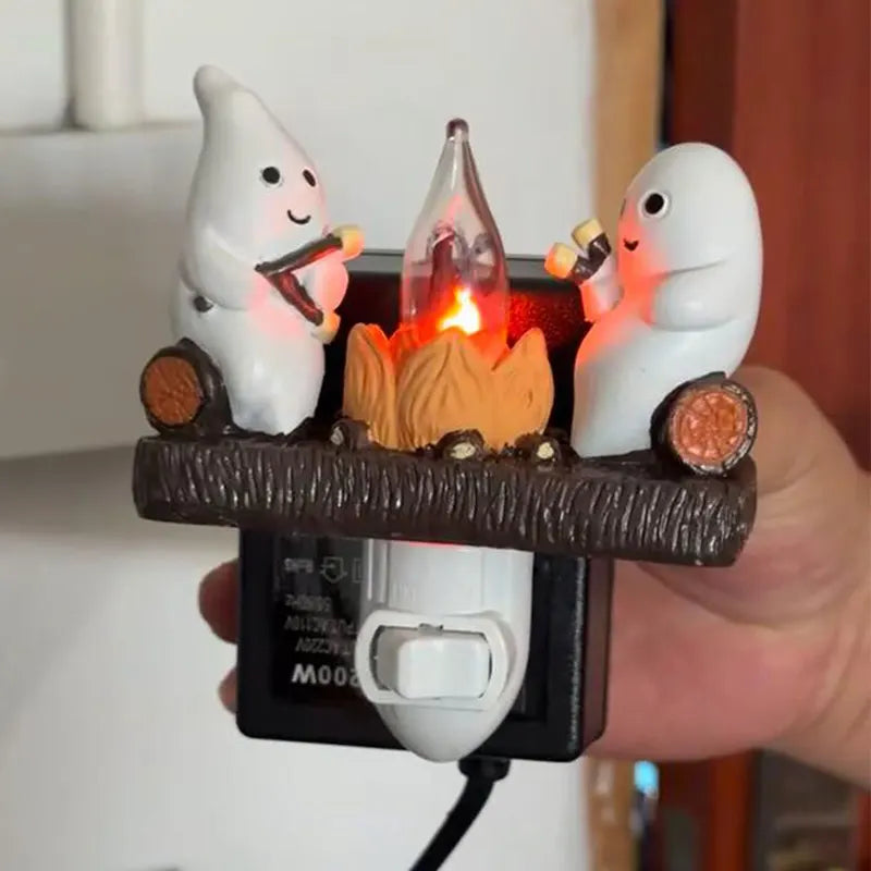 Ghost Campfire Nightlight with Flickering Flame & Whimsical Ghost Decor — Halloween Gift