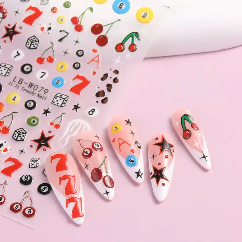 Self-Adhesive Billiard Ball & Number 7 Nail Stickers - Glossy Poker & Pool Decals