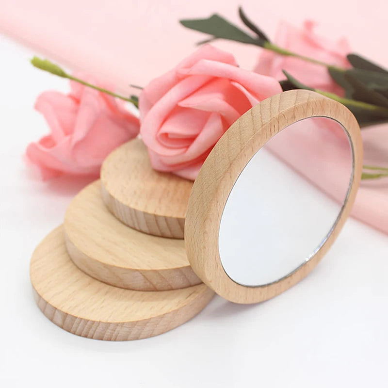 Mini Wooden Makeup Mirror Set - Portable Round Cosmetic Reflectors for Women