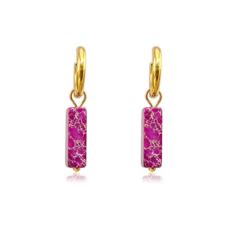 Silver Stainless Steel Square Hoop Earrings with Natural Stones for Women