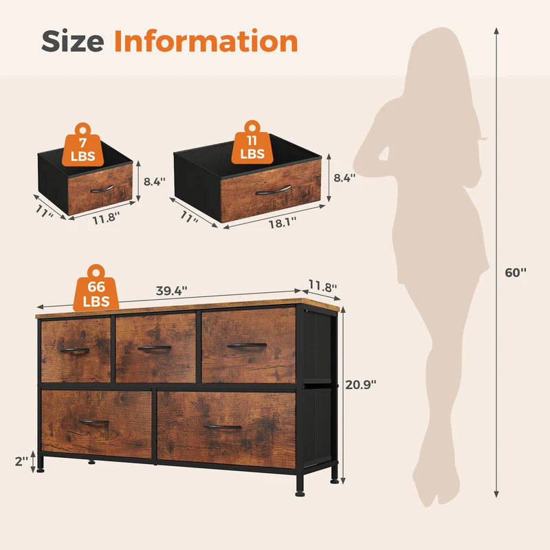 5-Drawer Fabric Dresser with Wooden Top and Metal Frame for Bedroom & Living Room Storage