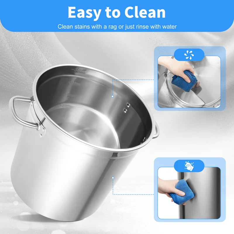 35L Stainless Steel Stock Pot with Lid & Handles - Multi-Functional Kitchen Cookware