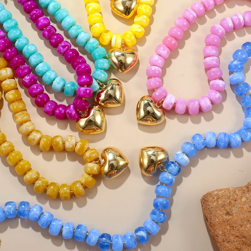 Colorful Acrylic Beaded Choker Necklace for Women with Heart Pendant - Summer Y2K Jewelry