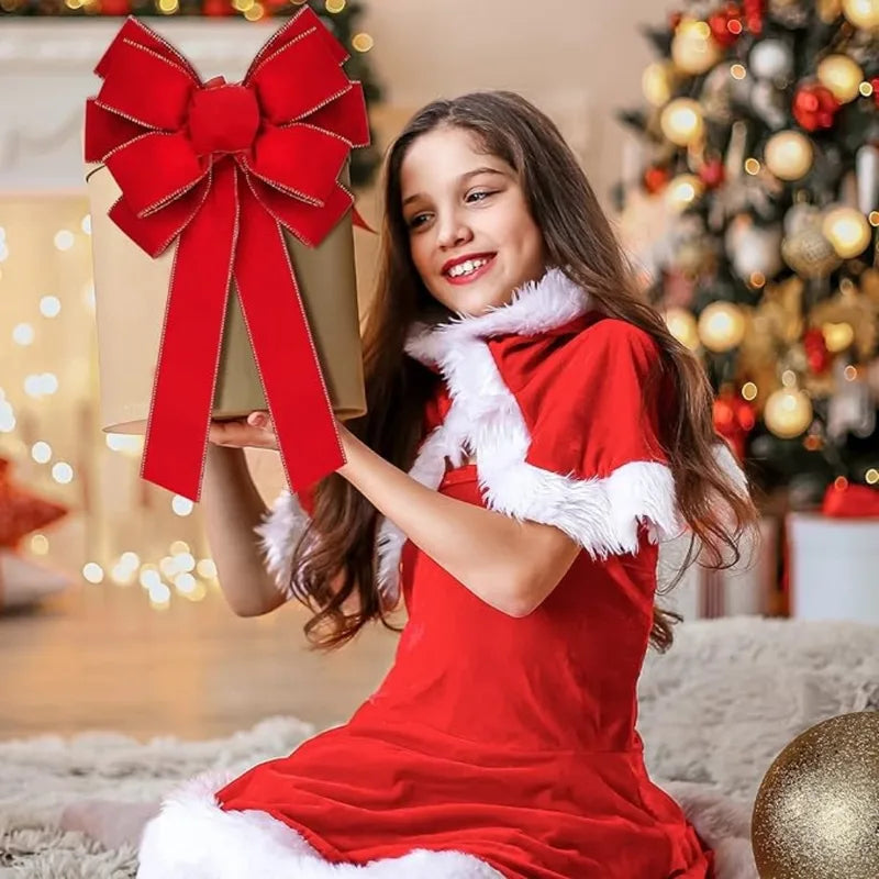 Large Velvet Christmas Bow for Outdoor Decorations - Red & Gold Edge