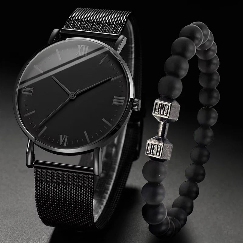 Men's Fashion Quartz Watch with Steel Mesh Band and Bracelet Set - Waterproof