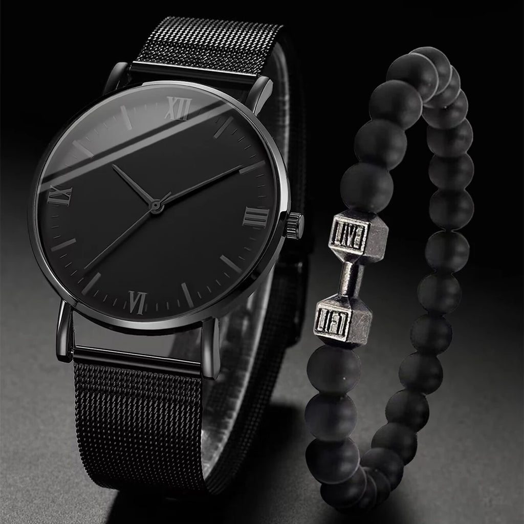 Men's Fashion Quartz Watch with Steel Mesh Band and Bracelet Set - Waterproof