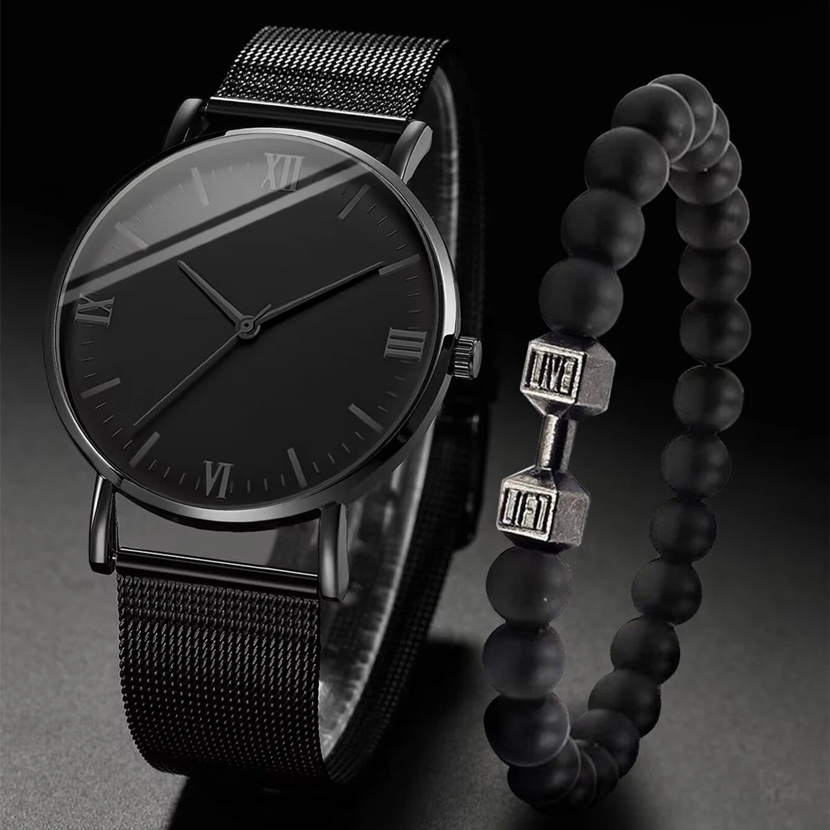 Men's Fashion Quartz Watch with Steel Mesh Band and Bracelet Set - Waterproof
