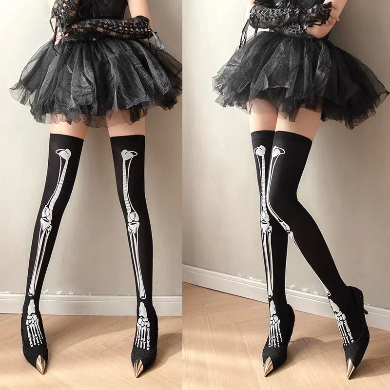 Women's Gothic Skeleton Bones Print Long Socks - Halloween Streetwear