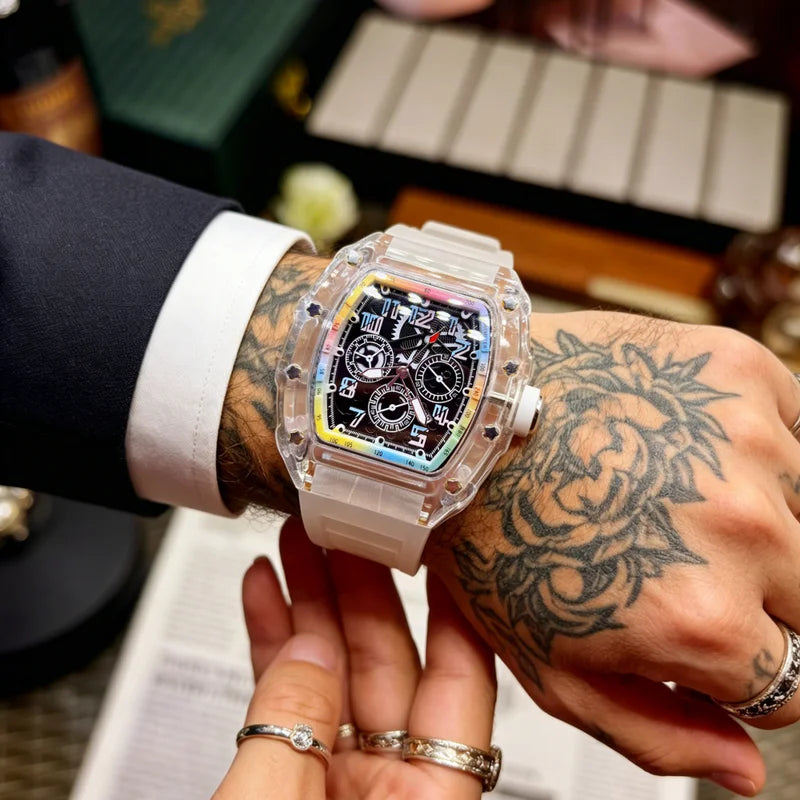Men's High-End Barrel-Shaped Transparent Quartz Watch with Rainbow Dial Waterproof Wristwatch