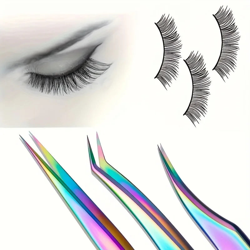 Stainless Steel Eyelash Tweezers Set with Box - Precision Makeup Tool for Women, 3 Pieces