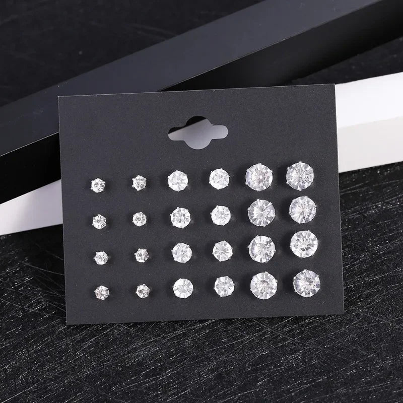 12-Pair White Shiny Wedding Stud Earrings Set for Women & Men Crystal Jewelry