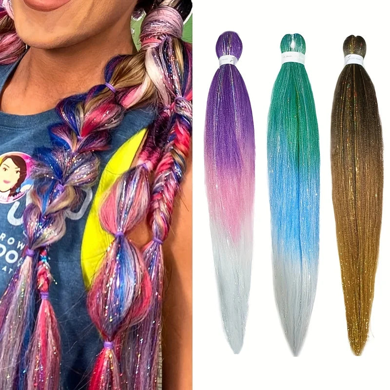 Synthetic Ombre Braiding Hair Extensions with Tinsel - 26 Inch Rainbow Colors for Women & Girls