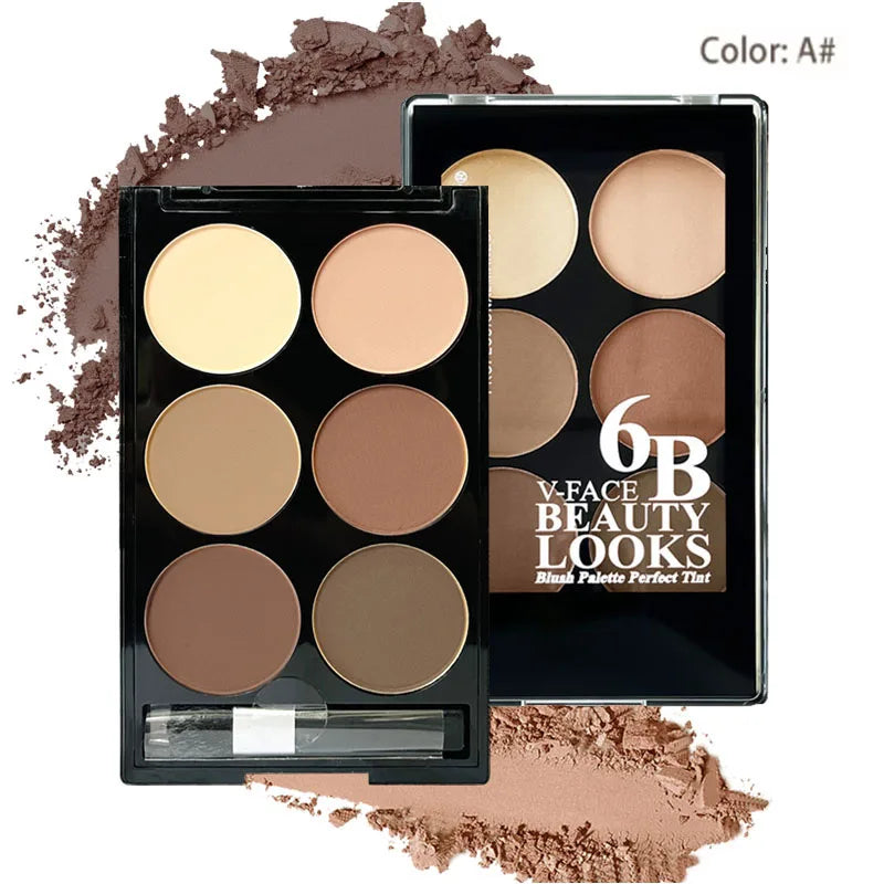 Highlight Contouring Powder Palette - Face Shadow & Bronzer with Brush, 6 Colors