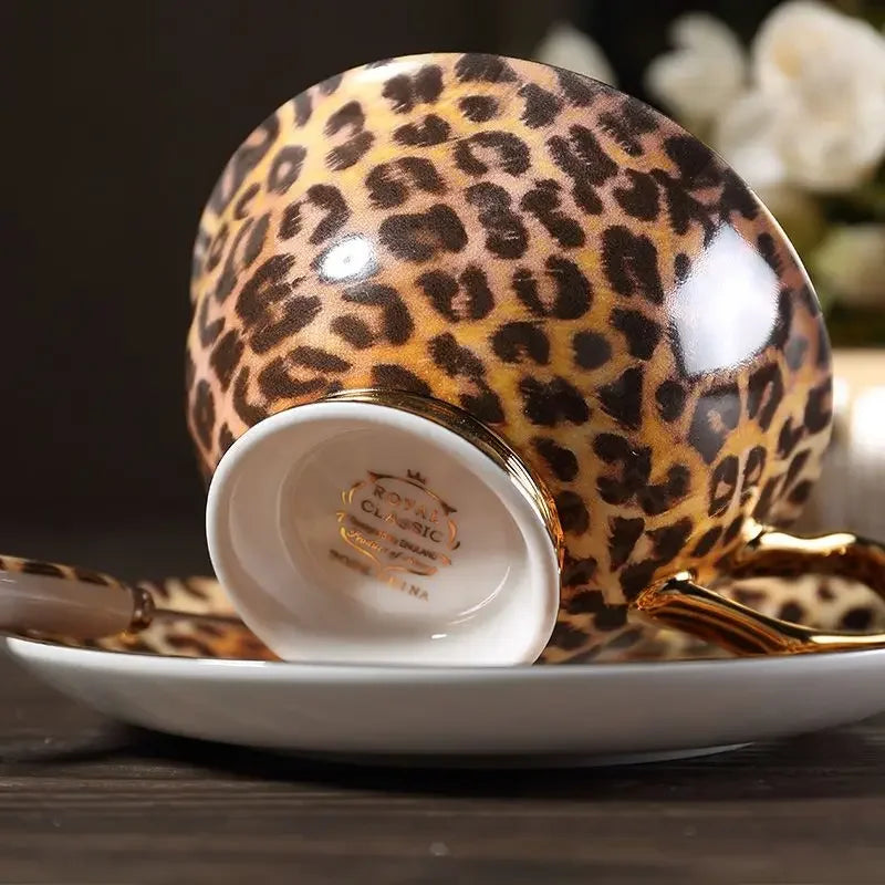Ceramic Coffee Cup and Saucer Set with Leopard Print and Spoon - Elegant Home Use