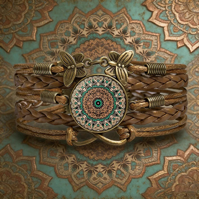 Vintage Mandala Flower Glass Dome Wrap Bracelet for Women - Multilayer Leather Jewelry