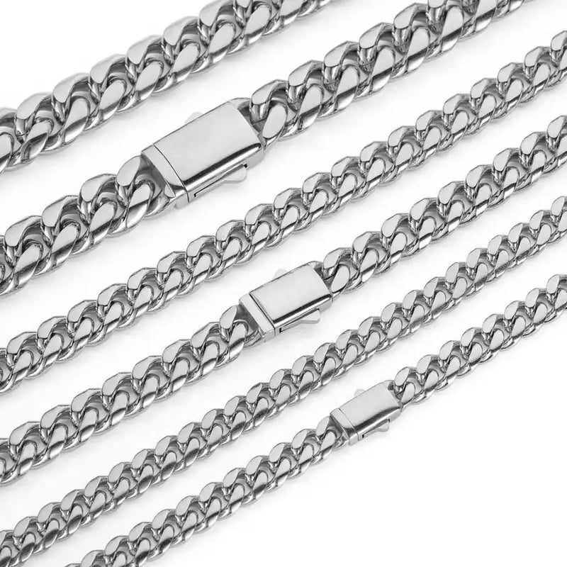Men's & Women's Stainless Steel Cuban Chain Necklace 8-14mm Width Various Sizes