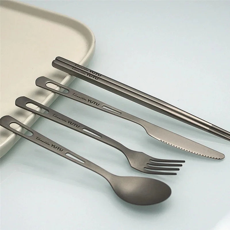 Titanium Camping Utensil Set - Portable Frosted Knife Fork Spoon Chopsticks