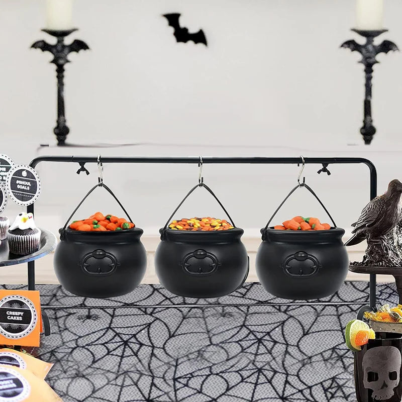 Halloween Candy Bowl Decorations Black Plastic Cauldron with Iron Rack for Parties