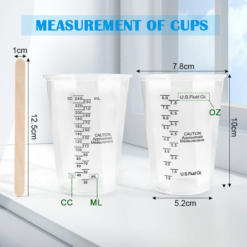 Disposable Measuring Cups with Stirring Sticks for Baking, Painting, Mixing - 8oz, Multi-Color