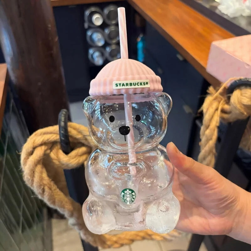 Clear Bear-Shaped Tumbler with Pink Beanie Lid & Striped Straw – 591ml Drinkware