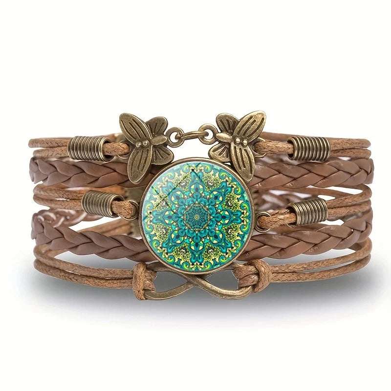 Vintage Mandala Flower Glass Dome Wrap Bracelet for Women - Multilayer Leather Jewelry