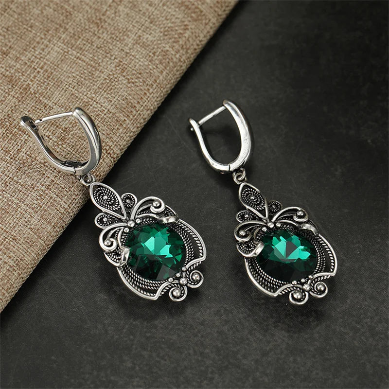 Vintage Green CZ Dangle Earrings for Women Silver Hand Carved Jewelry