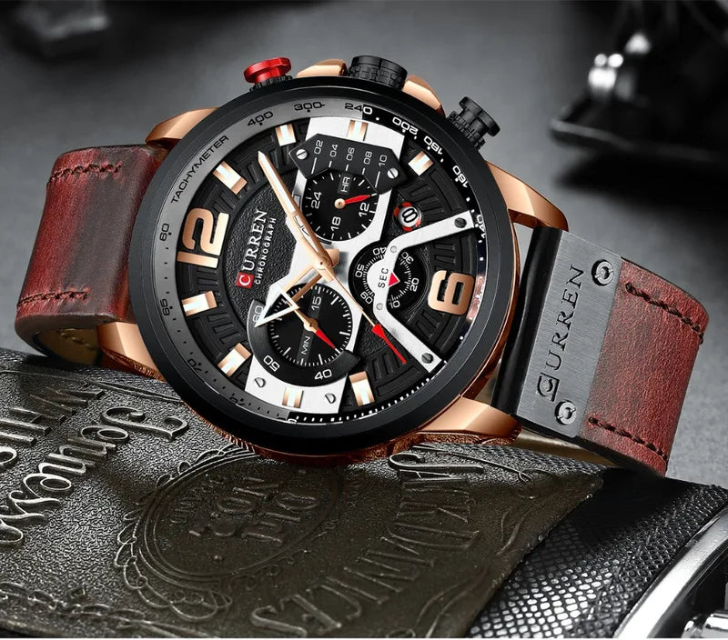 Men's Sports Chronograph Watch Leather Strap Military Style Casual Watch