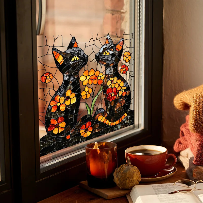 Cartoon Kitten Flower Glass Stickers for Wall Decoration - 1 Piece