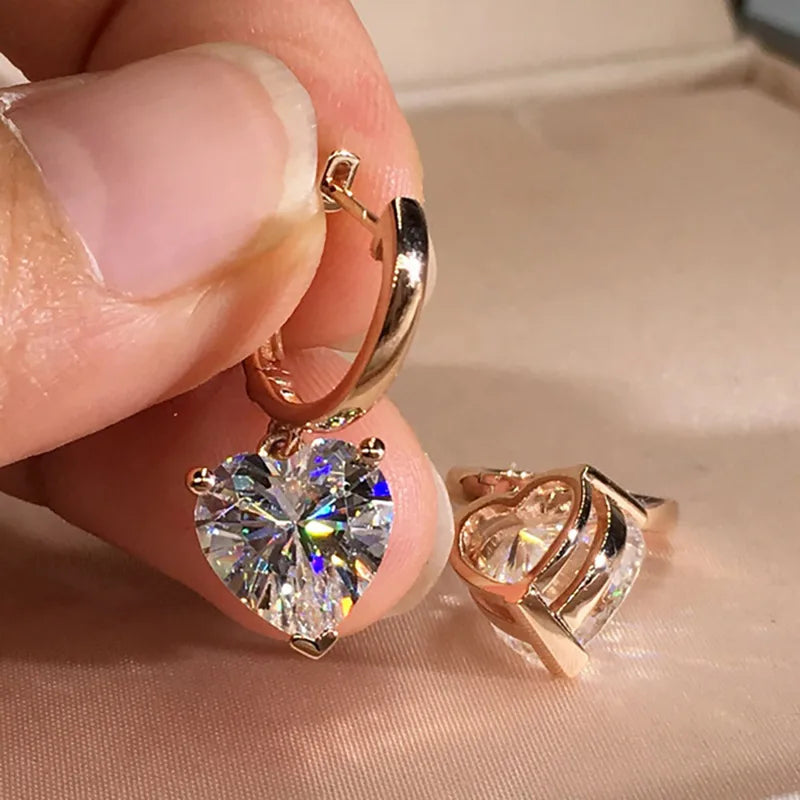 Gold Hoop Earrings Heart Shape Zircon Dangle Jewelry for Women & Girls