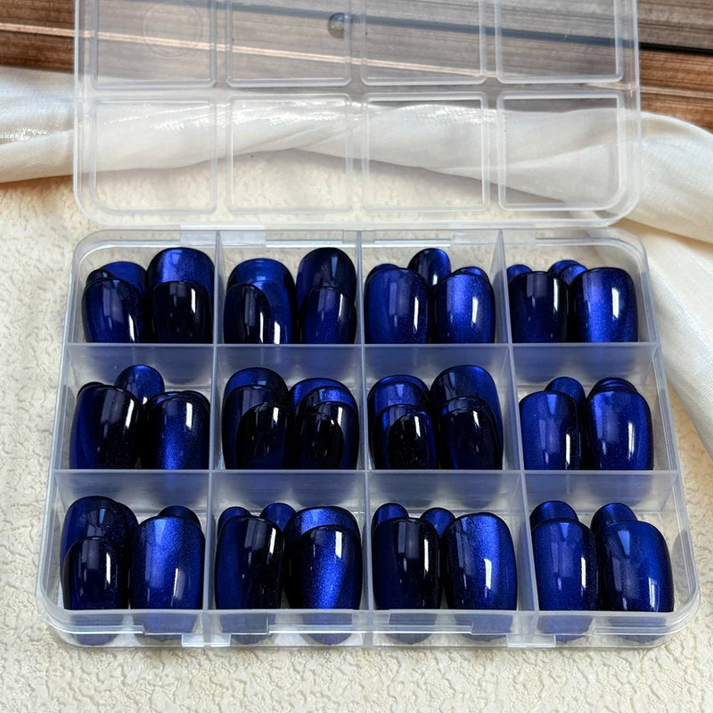 Glossy Dark Blue Cat Eye False Nails Set - Sparkly Medium Oval Press On Nails