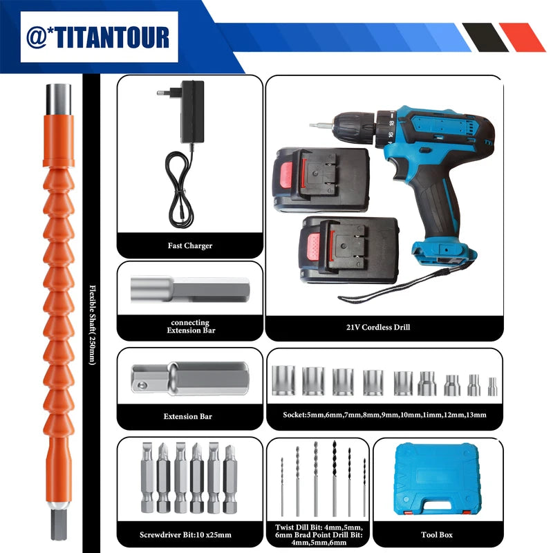 21V Cordless Drill Driver Set with 2 Batteries and Bits - 6 Speed, 18+1 Torque
