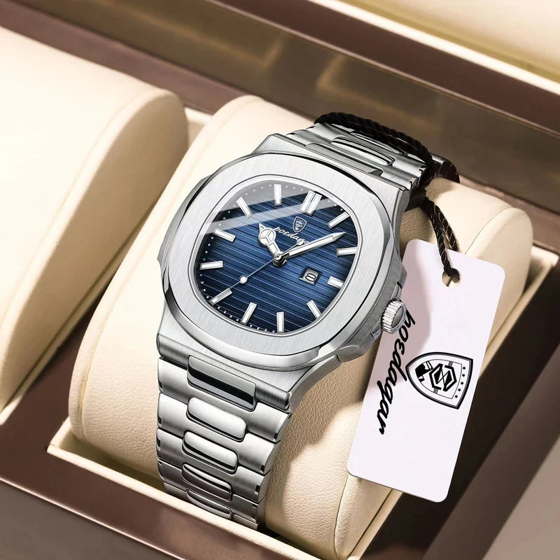 Luxury Men's Square Wristwatch Waterproof Luminous Date Quartz Watch - Stainless Steel Business & Sports Style