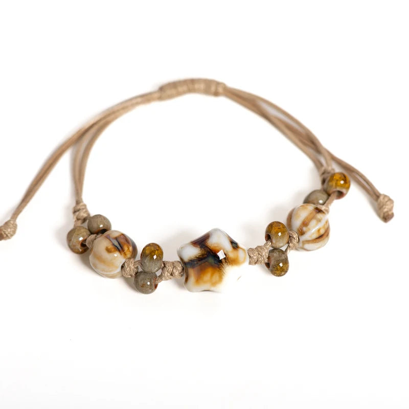 Adjustable Handmade Ceramic Star Bracelet Vintage Crackle Glaze Womens Jewelry