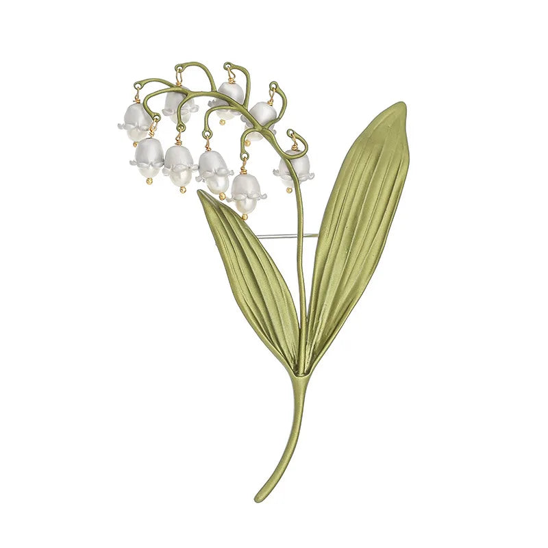 Pastoral Style Lily of The Valley Pearl Brooch Green Leaf Plant Jewelry