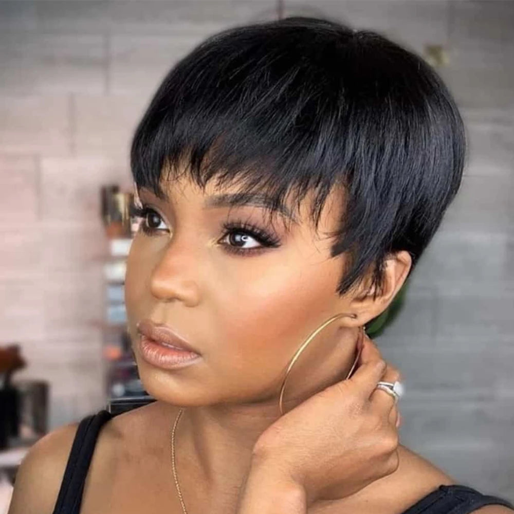 Short Pixie Cut Human Hair Wig - Brazilian Straight Black Wigs for Women
