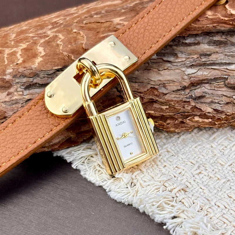 Fashion Leather Watch for Women with Bold Padlock Dial and Soft Strap