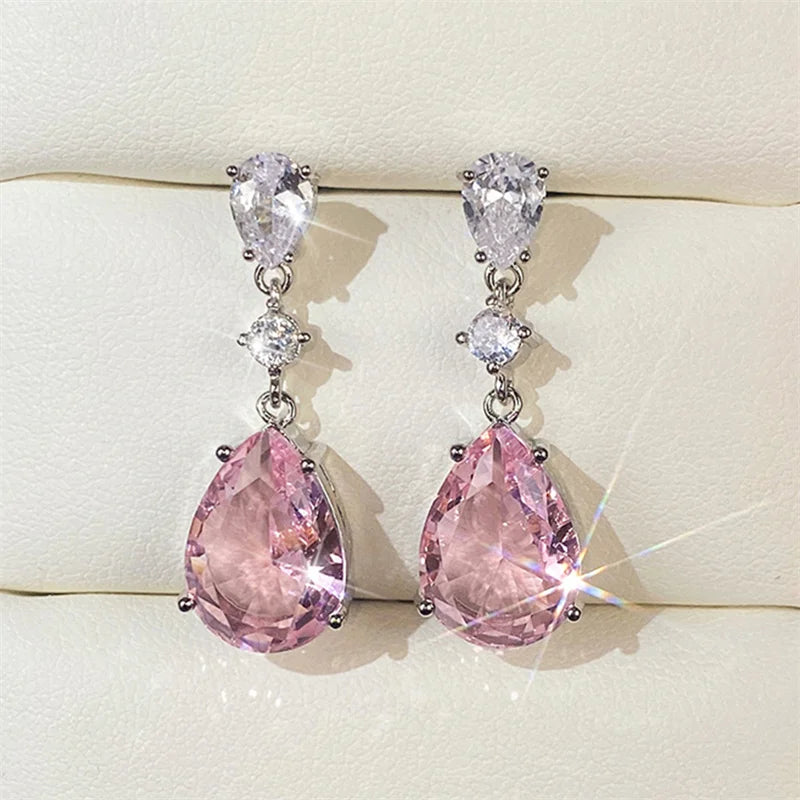 Pink Pear Drop Earrings with Cubic Zirconia for Women Engagement Party Jewelry