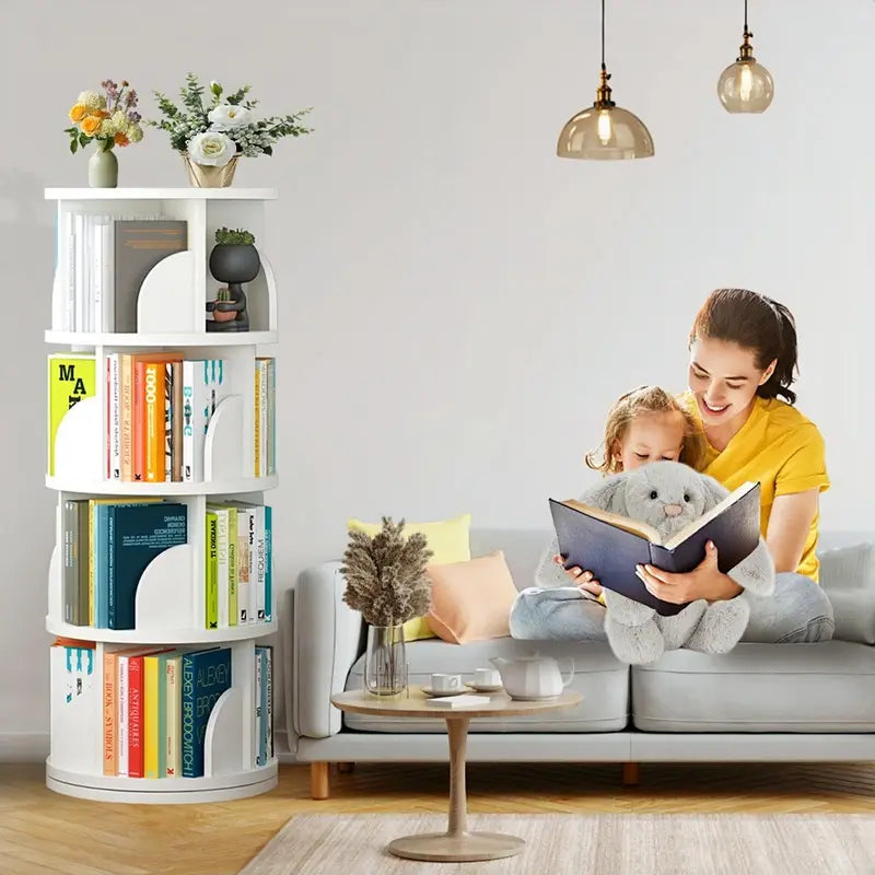 Rotating Bookshelf Tower with 360° Spin - 4 Tier Wooden Book Shelf for Kids & Living Room
