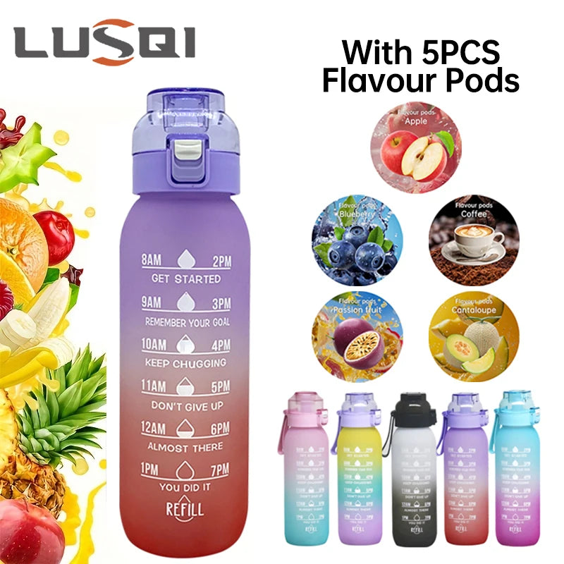 Reusable 1000ML Water Bottle with Straw & 5 Flavor Pods - Sports & Outdoor Active Hydration